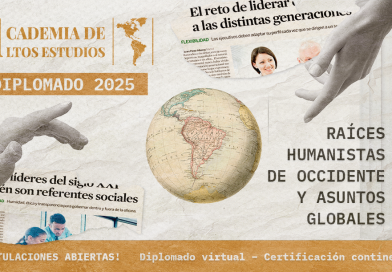 Imagen promocional del Diplomado 2025 “Raíces Humanistas de Occidente y Asuntos Globales”, con logotipo de la Academia de Altos Estudios, arte clásico y elementos simbólicos sobre liderazgo.