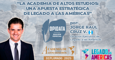 Jorge Raúl Cruz presenta la Academia de Altos Estudios – Edición especial de Opidata, con logos institucionales y arte grecorromano de fondo.