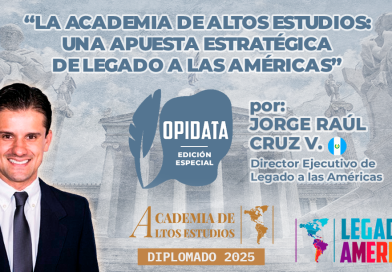 Jorge Raúl Cruz presenta la Academia de Altos Estudios – Edición especial de Opidata, con logos institucionales y arte grecorromano de fondo.