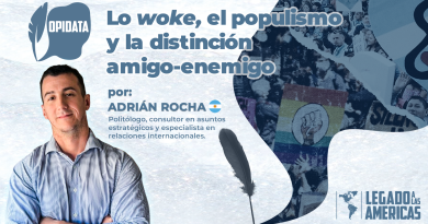 Imagen de portada del artículo de OpiData sobre clivajes ideológicos en América Latina. Aparece el rostro de Adrián Rocha, el logo de OpiData, y una imagen compuesta con dos manifestaciones: una con banderas "woke" y otra con mensajes profamilia, enfrentadas simbólicamente.