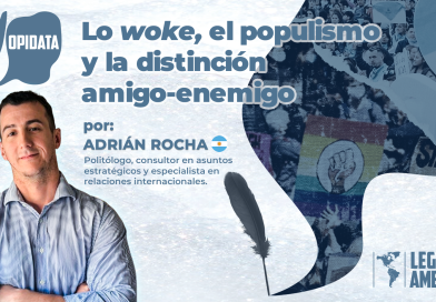 Imagen de portada del artículo de OpiData sobre clivajes ideológicos en América Latina. Aparece el rostro de Adrián Rocha, el logo de OpiData, y una imagen compuesta con dos manifestaciones: una con banderas "woke" y otra con mensajes profamilia, enfrentadas simbólicamente.