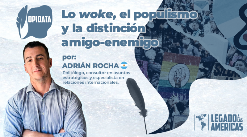 Imagen de portada del artículo de OpiData sobre clivajes ideológicos en América Latina. Aparece el rostro de Adrián Rocha, el logo de OpiData, y una imagen compuesta con dos manifestaciones: una con banderas "woke" y otra con mensajes profamilia, enfrentadas simbólicamente.