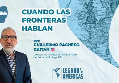Retrato de Guillermo Pacheco Gaitán con fondo de mapa antiguo de Europa. A la izquierda, logotipo de OPIDATA; a la derecha, una pluma estilizada. Título: “Cuando las fronteras hablan”. Autor: Guillermo Pacheco Gaitán, Director de Asuntos Internacionales del Security College US.