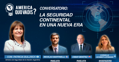 Flyer oficial del conversatorio "La seguridad continental en una nueva era" con Patricia Bullrich, Nicolás Martinelli, Cíbar Benítez y Cornelia Schmidt-Liermann.