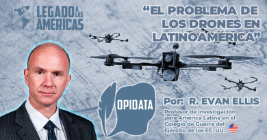 Imagen de un dron militar sobre un mapa de América Latina. Título: "El problema de los drones en América Latina", por Evan Ellis. Una alerta sobre el uso creciente de tecnología no tripulada por parte de grupos criminales en la región.