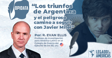 Javier Milei, con la bandera argentina de fondo, en "Los triunfos de Argentina y el peligroso camino a seguir con Javier Milei" artículo por Evan Ellis.