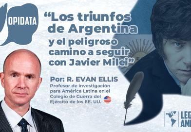 Javier Milei, con la bandera argentina de fondo, en "Los triunfos de Argentina y el peligroso camino a seguir con Javier Milei" artículo por Evan Ellis.