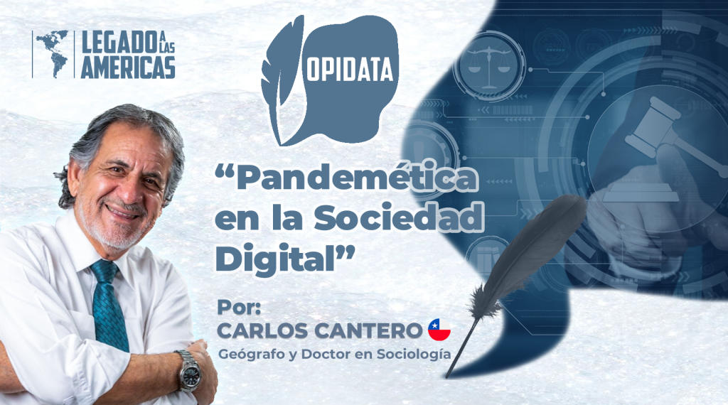 Retrato del Dr. Carlos Cantero con fondo digital simbólico (mazo de justicia, pantallas y circuitos). Título del artículo: "Pandemética en la Sociedad Digital".