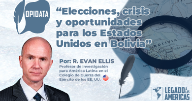 Imagen promocional del artículo de opinión “Elecciones, crisis y oportunidades para los Estados Unidos en Bolivia” de R. Evan Ellis. Se muestra un retrato del autor Evan Ellis, un mapa de Bolivia ampliado con una lupa, y el logotipo de Opidata y Legado a las Américas.