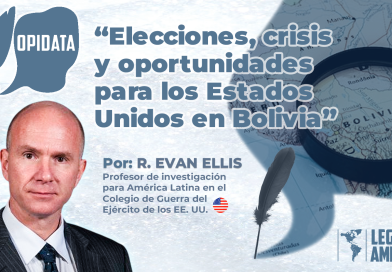 Imagen promocional del artículo de opinión “Elecciones, crisis y oportunidades para los Estados Unidos en Bolivia” de R. Evan Ellis. Se muestra un retrato del autor Evan Ellis, un mapa de Bolivia ampliado con una lupa, y el logotipo de Opidata y Legado a las Américas.