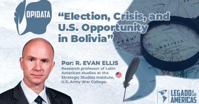 Cover image for the Opidata article ‘Election, Crisis, and U.S. Opportunity in Bolivia,’ featuring author R. Evan Ellis and a map of Bolivia under a magnifying glass.