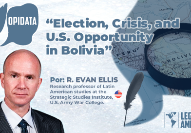 Cover image for the Opidata article ‘Election, Crisis, and U.S. Opportunity in Bolivia,’ featuring author R. Evan Ellis and a map of Bolivia under a magnifying glass.