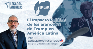 Imagen promocional de Legado a las Américas con el título "El Impacto Político de los aranceles de Trump en América Latina" sobre un fondo de billetes y flechas comerciales. A la izquierda, retrato de Guillermo Pacheco; a la derecha, silueta de Donald Trump señalando al frente.