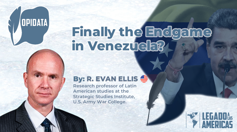 Portrait of Nicolás Maduro with the Venezuelan flag in the background, and in the foreground, the author Dr. R. Evan Ellis, analyzing the future of Venezuela.