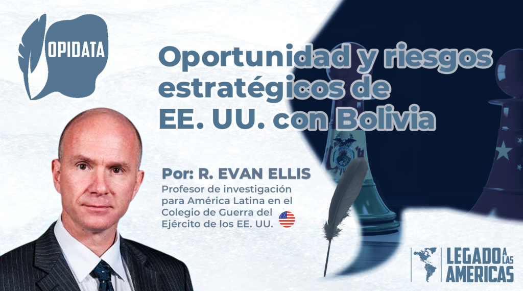 R. Evan Ellis junto al título del artículo “Oportunidad y riesgos estratégicos de EE. UU. con Bolivia”, con piezas de ajedrez representando la competencia geopolítica en América Latina.