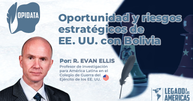 R. Evan Ellis junto al título del artículo “Oportunidad y riesgos estratégicos de EE. UU. con Bolivia”, con piezas de ajedrez representando la competencia geopolítica en América Latina.