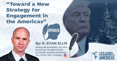 Portrait of R. Evan Ellis with the title “Toward a New Strategy for Engagement in the Americas” and visuals referencing diplomacy and hemispheric security.