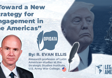 Portrait of R. Evan Ellis with the title “Toward a New Strategy for Engagement in the Americas” and visuals referencing diplomacy and hemispheric security.