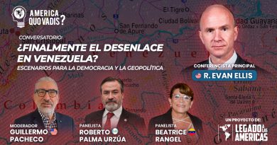 Retrato del Dr. R. Evan Ellis y de los panelistas destacados junto al título del conversatorio “¿Finalmente el desenlace en Venezuela? Escenarios para la democracia y la geopolítica”, sobre un mapa de Venezuela.