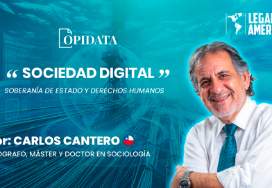 Carlos Cantero en una imagen de Opidata titulada “Sociedad Digital: Soberanía de Estado y Derechos Humanos”, con un fondo digital de redes y tecnología.