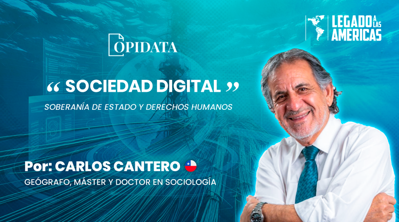 Carlos Cantero en una imagen de Opidata titulada “Sociedad Digital: Soberanía de Estado y Derechos Humanos”, con un fondo digital de redes y tecnología.