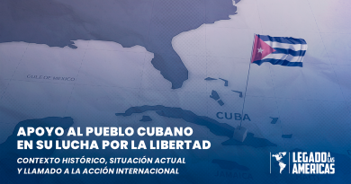 Mapa de Cuba con bandera cubana y diseño institucional que acompaña la declaración de Legado a las Américas en apoyo al pueblo cubano en su lucha por la libertad