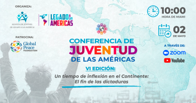 Banner de la VI Conferencia de Juventud de las Américas, a realizarse el 2 de mayo de 2026 a las 10:00 a. m. hora de Miami, en formato virtual a través de Zoom y YouTube.