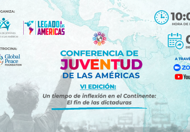 Banner de la VI Conferencia de Juventud de las Américas, a realizarse el 2 de mayo de 2026 a las 10:00 a. m. hora de Miami, en formato virtual a través de Zoom y YouTube.