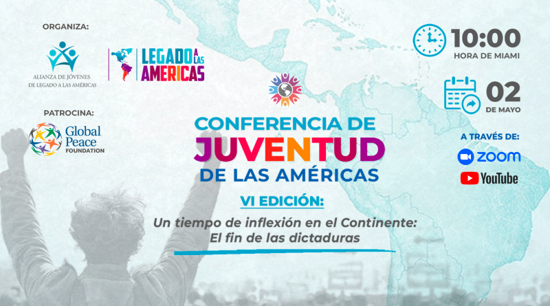 Banner de la VI Conferencia de Juventud de las Américas, a realizarse el 2 de mayo de 2026 a las 10:00 a. m. hora de Miami, en formato virtual a través de Zoom y YouTube.