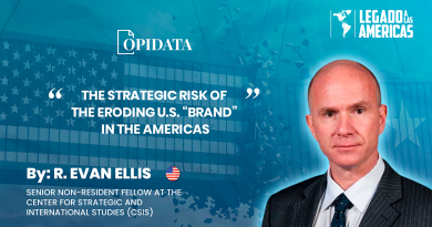Cover image for the article “The Strategic Risk of the Eroding U.S. Brand in the Americas” by R. Evan Ellis for Opidata and Legacy of the Americas.