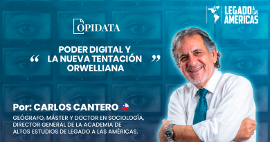Portada del artículo “Poder digital y la nueva tentación orwelliana”, de Carlos Cantero para Opidata y Legado a las Américas. La imagen presenta al autor sobre un fondo compuesto por pantallas y ojos que evocan vigilancia digital, control de la información y sociedad tecnológica.
