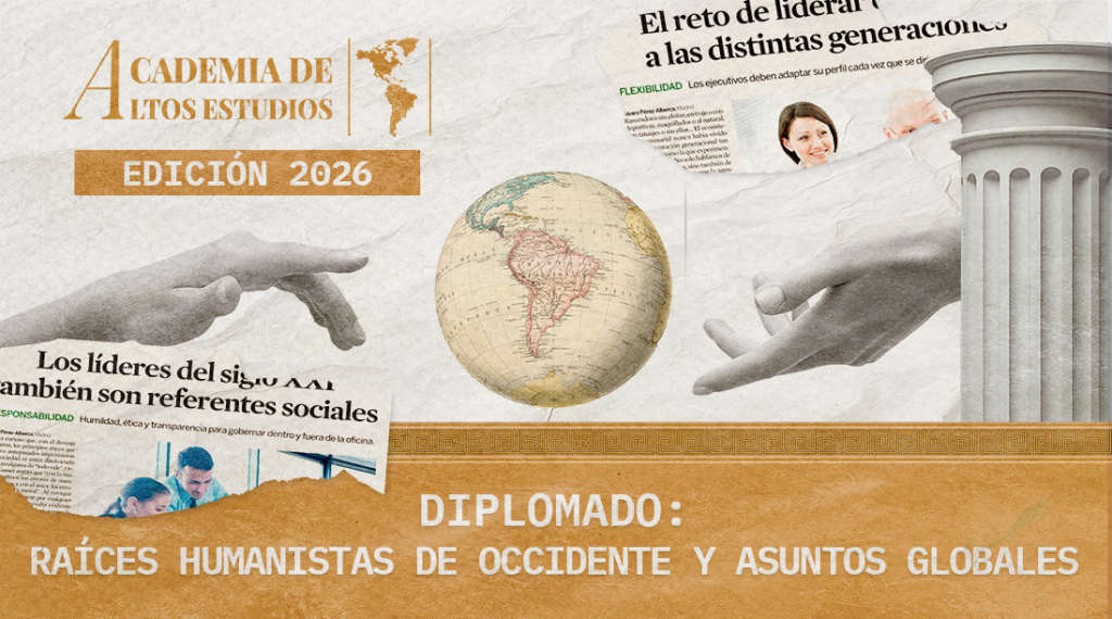 Portada oficial de la Academia de Altos Estudios 2026 de Legado a las Américas con globo terráqueo de América Latina, manos inspiradas en “La creación de Adán” y estética clásica grecorromana.