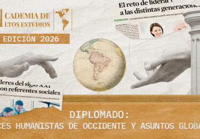 Portada oficial de la Academia de Altos Estudios 2026 de Legado a las Américas con globo terráqueo de América Latina, manos inspiradas en “La creación de Adán” y estética clásica grecorromana.