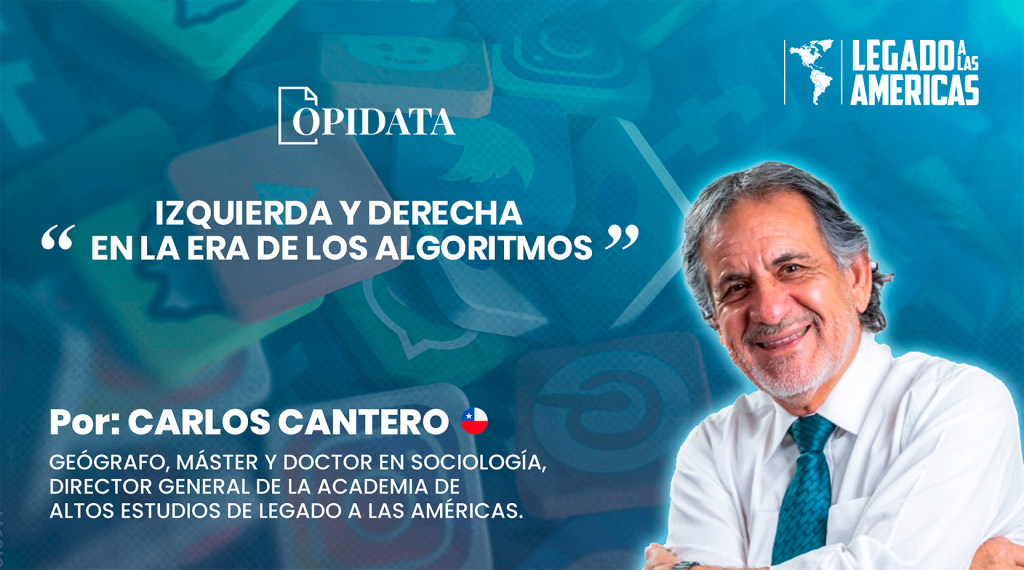 Portada del artículo “Izquierda y derecha en la era de los algoritmos”, de Carlos Cantero para Opidata y Legado a las Américas. La imagen combina iconos de redes sociales y plataformas digitales como representación de la influencia de los algoritmos en la polarización política contemporánea.