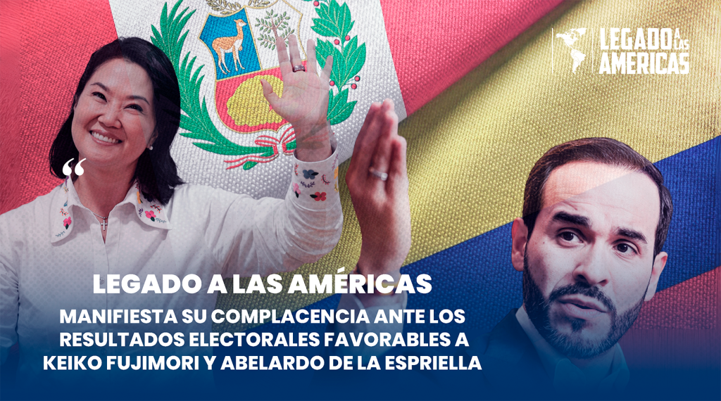 Keiko Fujimori y Abelardo de la Espriella sobre las banderas de Perú y Colombia, junto al logo de Legado a las Américas.