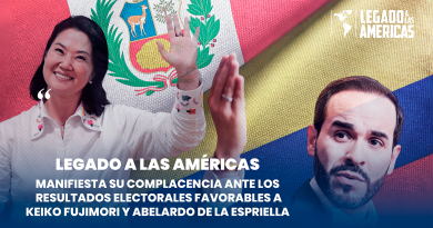 Keiko Fujimori y Abelardo de la Espriella sobre las banderas de Perú y Colombia, junto al logo de Legado a las Américas.