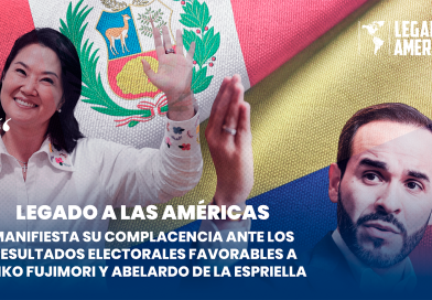 Keiko Fujimori y Abelardo de la Espriella sobre las banderas de Perú y Colombia, junto al logo de Legado a las Américas.