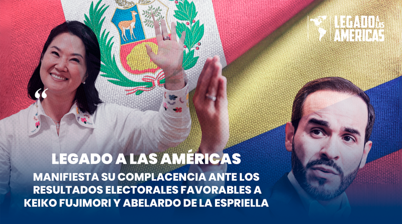 Keiko Fujimori y Abelardo de la Espriella sobre las banderas de Perú y Colombia, junto al logo de Legado a las Américas.