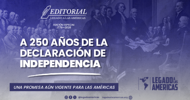 Imagen editorial con una representación histórica de los padres fundadores de Estados Unidos y el título «A 250 años de la Declaración de Independencia: una promesa aún vigente para las Américas».
