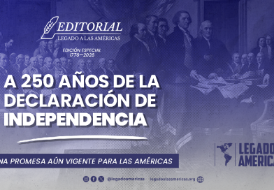Imagen editorial con una representación histórica de los padres fundadores de Estados Unidos y el título «A 250 años de la Declaración de Independencia: una promesa aún vigente para las Américas».