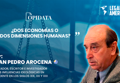 Portada del artículo “¿Dos economías o dos dimensiones humanas?”, de Juan Pedro Arocena para Opidata y Legado a las Américas, con una composición visual sobre economía de mercado, caridad y pensamiento cristiano.