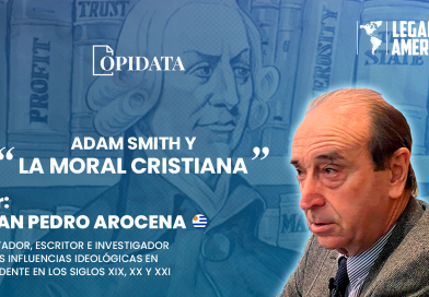 Portada del artículo “Adam Smith y la moral cristiana”, de Juan Pedro Arocena para Opidata y Legado a las Américas, con el retrato del autor y elementos alusivos a Adam Smith, la economía de mercado y la tradición cristiana.