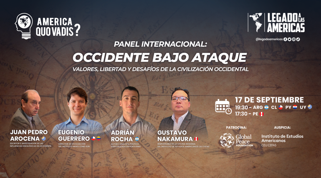 Flyer de Occidente bajo ataque, con Juan Pedro Arocena, Eugenio Guerrero, Adrián Rocha y Gustavo Nakamura. Encuentro del 17 de setiembre de 2026.