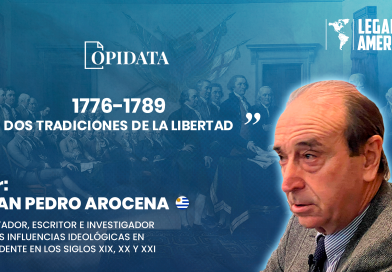 Portada del artículo “1776-1789”, de Juan Pedro Arocena para Opidata y Legado a las Américas, con elementos alusivos a las revoluciones estadounidense y francesa y a dos tradiciones históricas de la libertad.