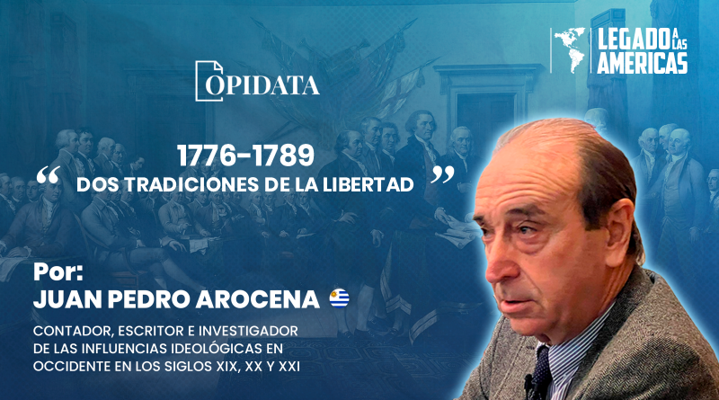 Portada del artículo “1776-1789”, de Juan Pedro Arocena para Opidata y Legado a las Américas, con elementos alusivos a las revoluciones estadounidense y francesa y a dos tradiciones históricas de la libertad.