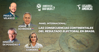 Afiche de América: ¿Quo Vadis? sobre las consecuencias continentales del resultado electoral en Brasil, con Paulo Velasco, Jorge Schreiner, Ignacio de Posadas y Ana Belén Cordero.