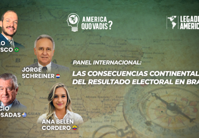 Afiche de América: ¿Quo Vadis? sobre las consecuencias continentales del resultado electoral en Brasil, con Paulo Velasco, Jorge Schreiner, Ignacio de Posadas y Ana Belén Cordero.