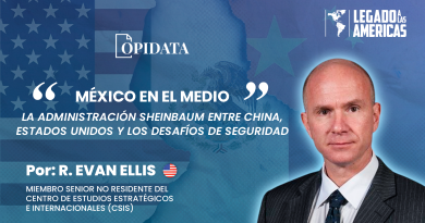 Portada del artículo “México en el medio”, de R. Evan Ellis para Opidata y Legado a las Américas, con el retrato del autor y elementos alusivos a México, Estados Unidos, China, comercio y seguridad.