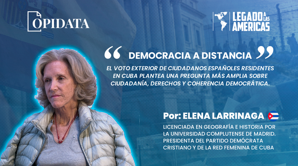Portada del artículo “Democracia a distancia”, de Elena Larrinaga de Luis para Opidata y Legado a las Américas, con elementos alusivos al voto exterior, España, Cuba y ciudadanía transnacional.