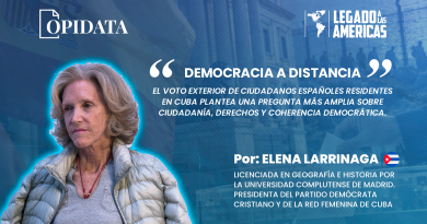 Portada del artículo “Democracia a distancia”, de Elena Larrinaga de Luis para Opidata y Legado a las Américas, con elementos alusivos al voto exterior, España, Cuba y ciudadanía transnacional.